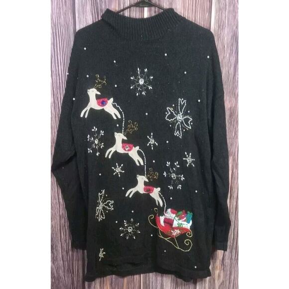 WOMEN'S STUDIO COLLECTION BLACK CHRISTMAS SWEATER SANTA REINDEER L XL - Picture 1 of 3